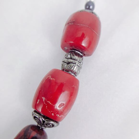 Fire Agate, Red Bamboo Coral Beaded Necklace Boho Tribal Semi-Precious Gemstones - Picture 3 of 11